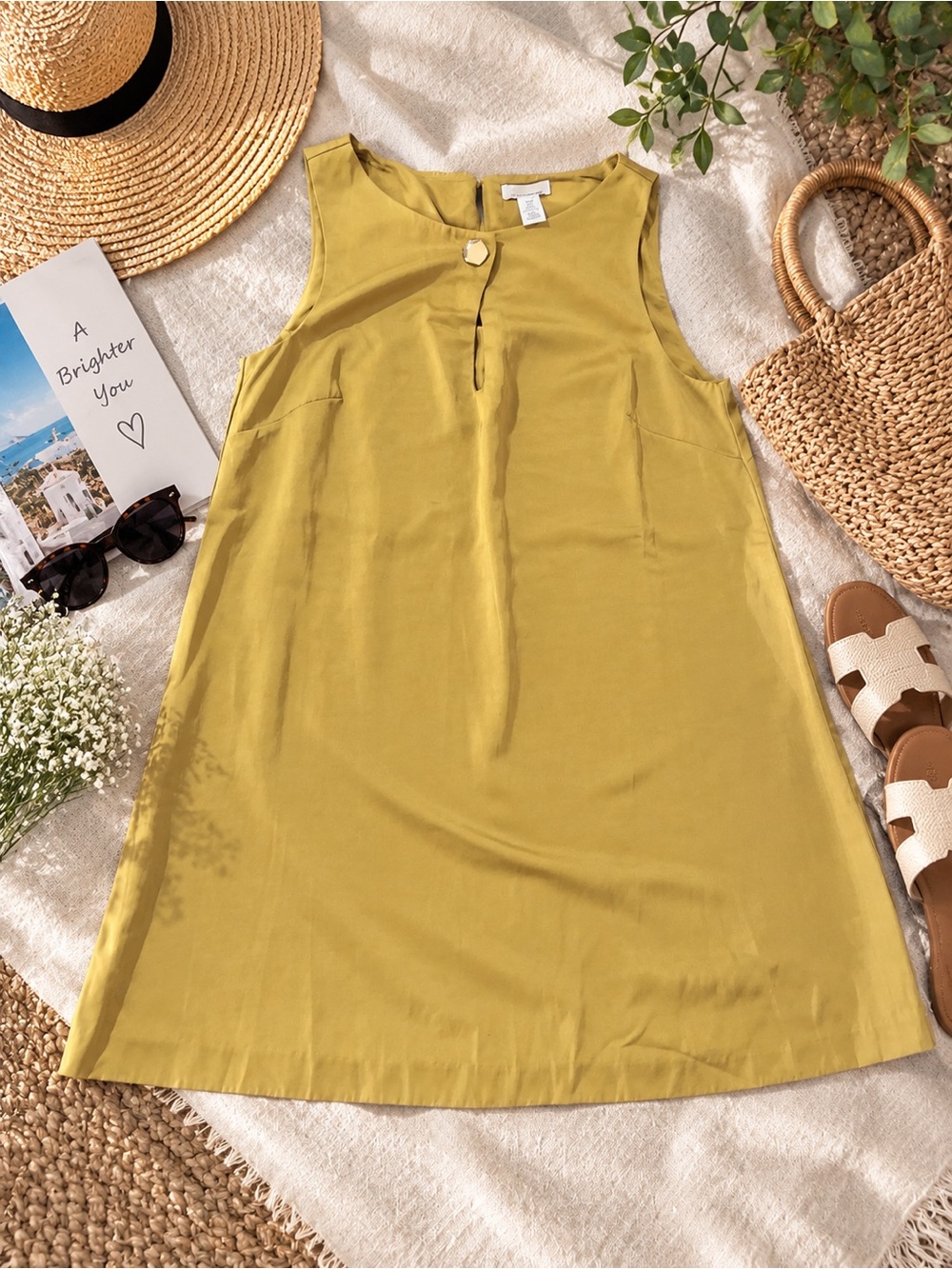 H&M Green Linen Blend A-Line Dress Medium Sleeveless Pockets